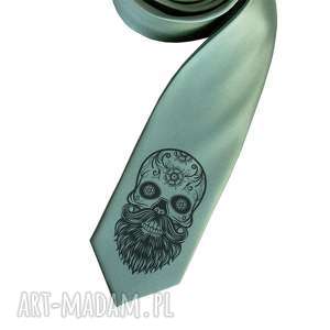 krawat z nadrukiem - czacha brodą, czaszka, zielony