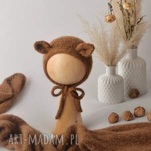 handmade czapki bonetka niemowlęca brązowy miś