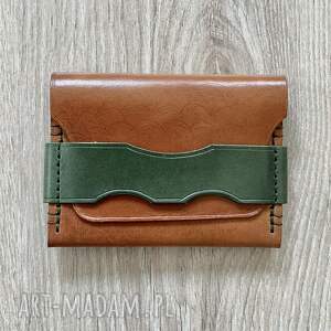 portfel brązowo - zielony ze skóry na karty ręcznie uszyty