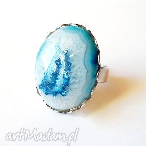 druzy agatu pierścionek, posrebrzany niebieski