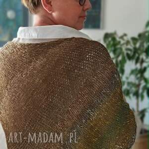 Lniana chusta boho z chwostami - ręcznie dziergana na drutach, wielokolorowa 175 cm