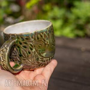 handmade ceramika handmade kubek ceramiczny z ptakami| mały| kocham leśne olive | ok 250