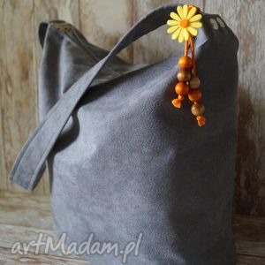 handmade na ramię szara torba z alcantary - sowy