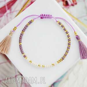 handmade bransoletka na sznurku z chwostami fioletowo - kremowa minimal violet and gold