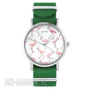 zegarek - flamingi zielony, nylonowy dla kobiety nastolatki prezent