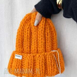 Gruba wełniana czapka beanie pomarańczowa 100% wełna handmade