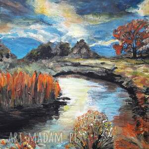 obraz akrylowy ręcznie malowany na płótnie golden pond, potok, pejzaż
