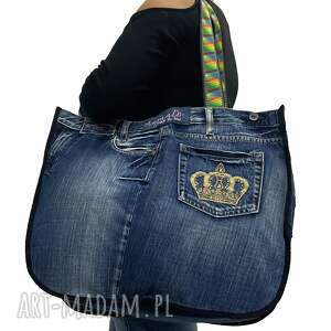 handmade na ramię duża torba upcykling jeans haft korona 92 od majunto