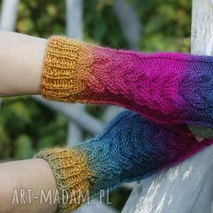ręcznie robione rękawiczki mitenki szmaragdowo - fuksjowe