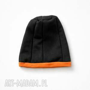 czapka damska wiosenna uniwersalna czarna smerfetka z pomarańczowym dołem