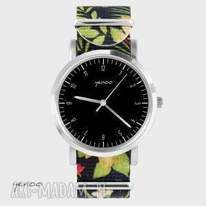 zegarek, bransoletka - simple elegance, czarny kwiaty, nato, grafika