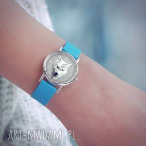 handmade zegarki zegarek mały - biały wilk - silikonowy, niebieski