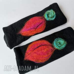 handmade rękawiczki mitenki w kolorze czarnym filcowane wełna merynosów - na podszewce