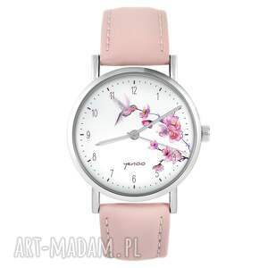 zegarki zegarek - koliber, cyfry pudrowy róż, skórzany, pasek, kwitnąca