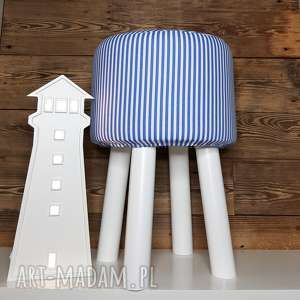 puff niebieskie paseczki - 45 cm białe nogi stołek siedzisko, taboret, ryczka