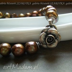 handmade brązowo - miedziana bransoletka z naturalnych pereł i srebra