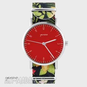 zegarek - simple elegance, czerwony kwiaty, nato bransoletka klasyczny