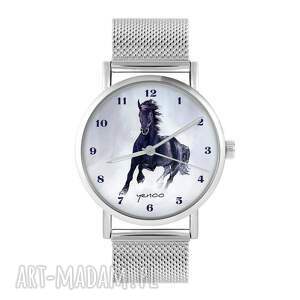 handmade zegarki zegarek - czarny koń, cyfry - bransoleta mesh