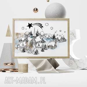 zimowe miasteczko art print 30x40 cm, plakat domy, A3 zima
