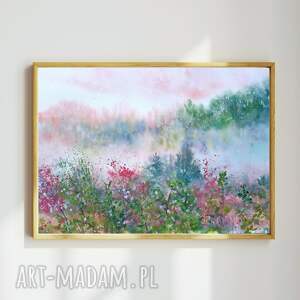 Letnie mgły - oryginalna akwarela z leśnym pejzażem 37x57 cm