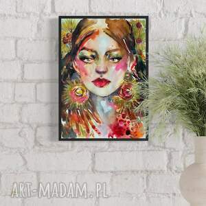 zviewnie sunflower earrings, akwarela na papierze, portret kobiety, obraz