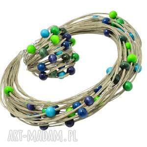 zielono - niebieskie korale drewniane w lnie, zestaw - PMPB Style komplety