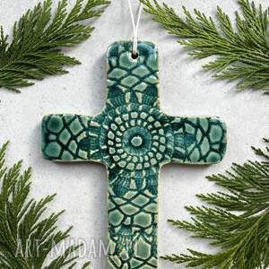 Ceramiczny krzyżyk na ścianę - turkusowa dekoracja