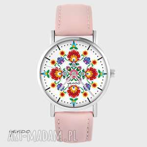 zegarki zegarek - folkowa mandala skórzany, pudrowy róż, bransoletka