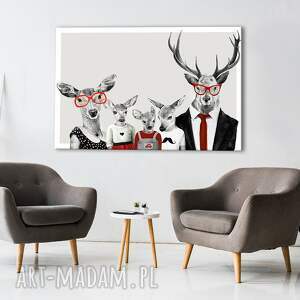 nowoczesny obraz drukowany na płótnie - 120x80 cm rodzina jeleni z czerwonymi