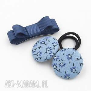 spinki do włosów mini basic bow blue little flowers, niebieskie kokardki
