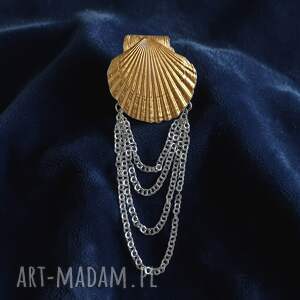 broszka z prawdziwej muszli złota muszla łańcuszkami unikat, unikatowa