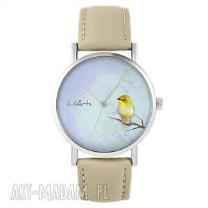 zegarki zegarek - żółty ptaszek skórzany, beżowy, zegarek, pasek