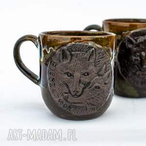 ceramiczny duży kubek z wilkiem - bieszczady 450 ml brąz /mat, ceramika