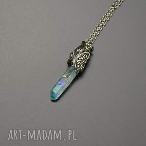 wisiorek talizman mały kwarc niebieski aqua aura wire wrapping, amulet