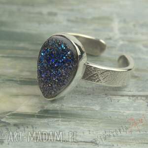 Regulowany pierścionek z druzą agatową, srebrne