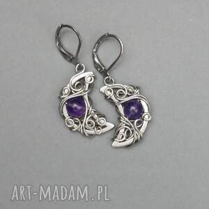 Kolczyki księżyce z ametystem, wire wrapping, lunula, ametyst