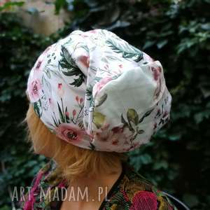 czapka w kwiaty damska dzianina miękka, floral, folk, etno, boho, chemia