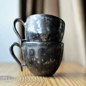 ceramika filiżanki dla pary ciemne srebro i złoto rustykalne, prezent pry