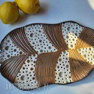 Prezent Ażurowa ceramiczna patera liść, ceramika boho, podstawka