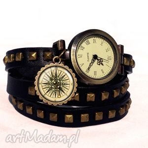 kompas - zegarek / bransoletka na skórzanym pasku, ćwiekami, rękę