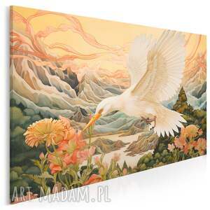 obraz do salonu - biały ptak w locie górski pejzaż kwiaty 70x50 cm 110801