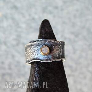 surowy diament pierścionek z diamentem, srebro i złoto, regulowany