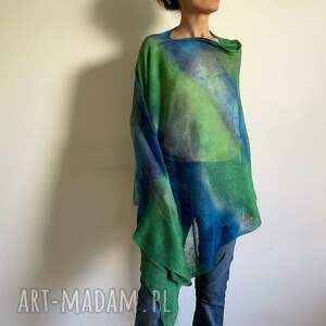 Prezent narzutka lniana zieleń&niebieski, ponczo