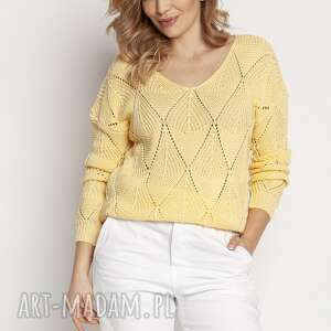 swetry ażurowy żółty sweter, swe231 mkm, pastelowy kolor, wiosna 2022