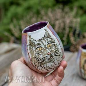 handmade ceramika ceramiczne naczynie do yerba mate/ beżowy róż z fioletem z kotem/