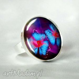 kwiaty elfów duży nowoczesne elegancki pierścionek okrągły fiolet i kobalt