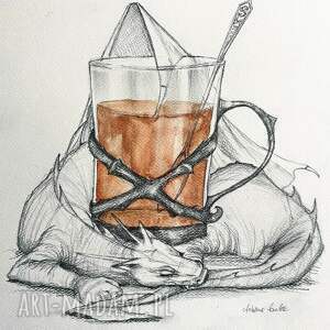 "smok i gorąca herbata" rysunek ołówkiem z dodatkiem akwareli - śpiący smok