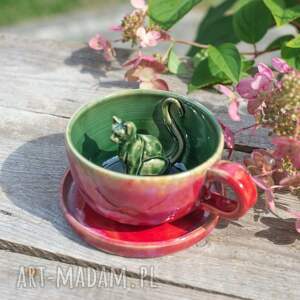 ręcznie wykonane ceramika filiżanka z kotem - czerwono zielona - rękodzieło - ok 300