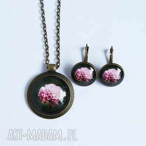 naszyjnik i kolczyki - komplet różowy kwiat, medalion prezent