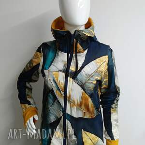 Bluza damska rozpinana złote liście na turkusie Z miodowym